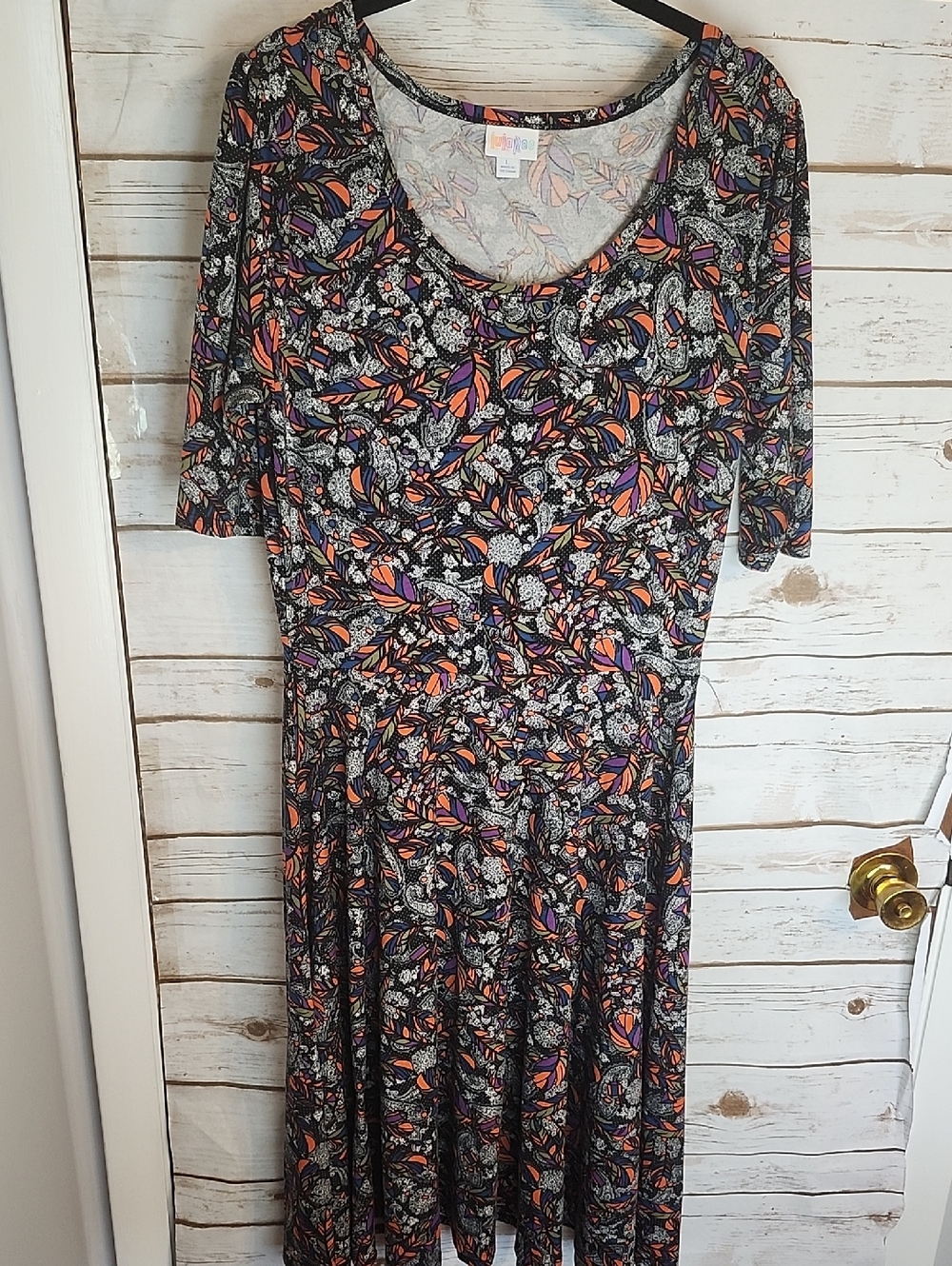 LuLaRoe Black Midi Dress with Orange & Purple Feather Print Size Large
